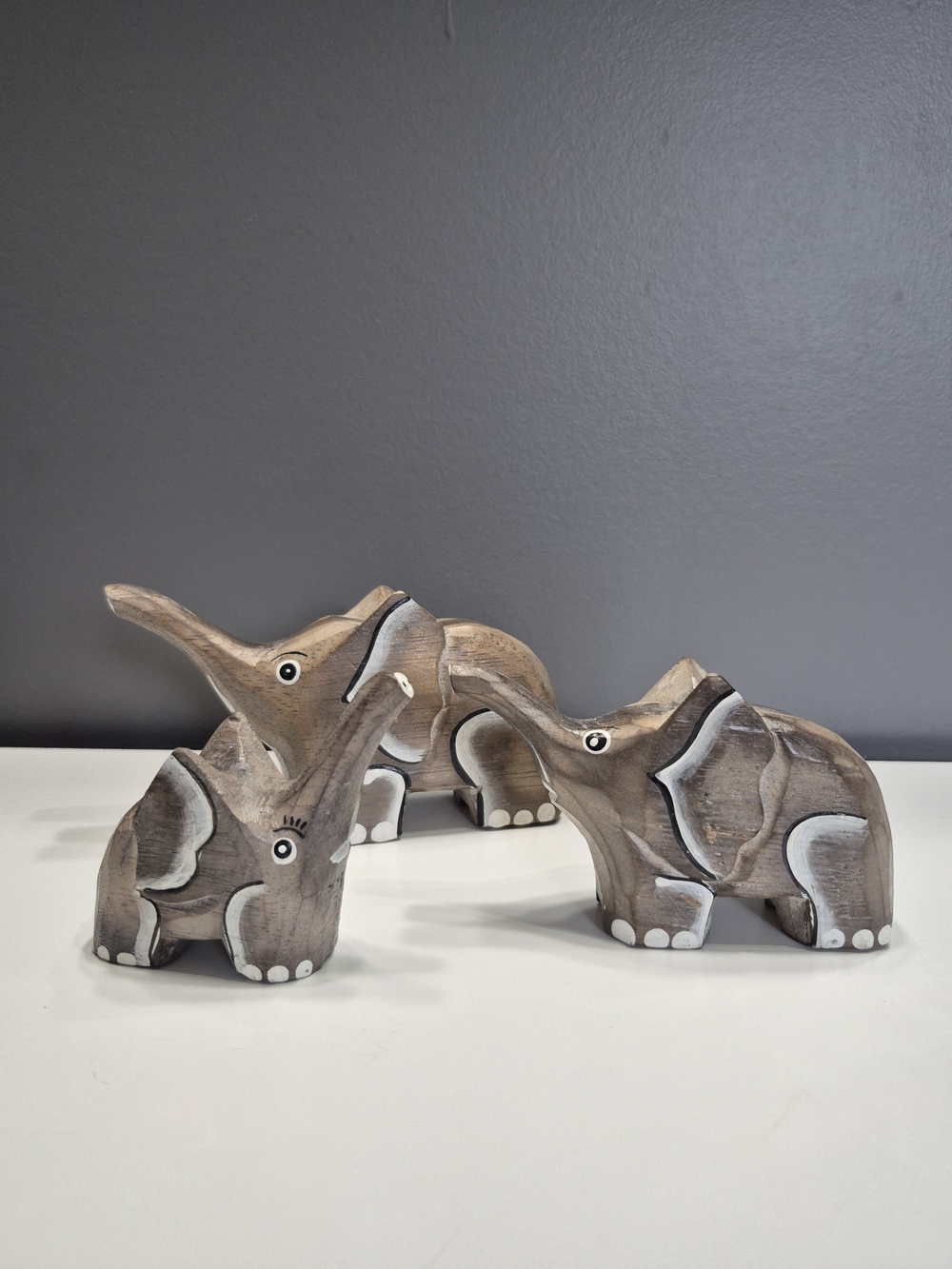 Handcarved Wooden Elephant Figurines Set - Natural Brown & White